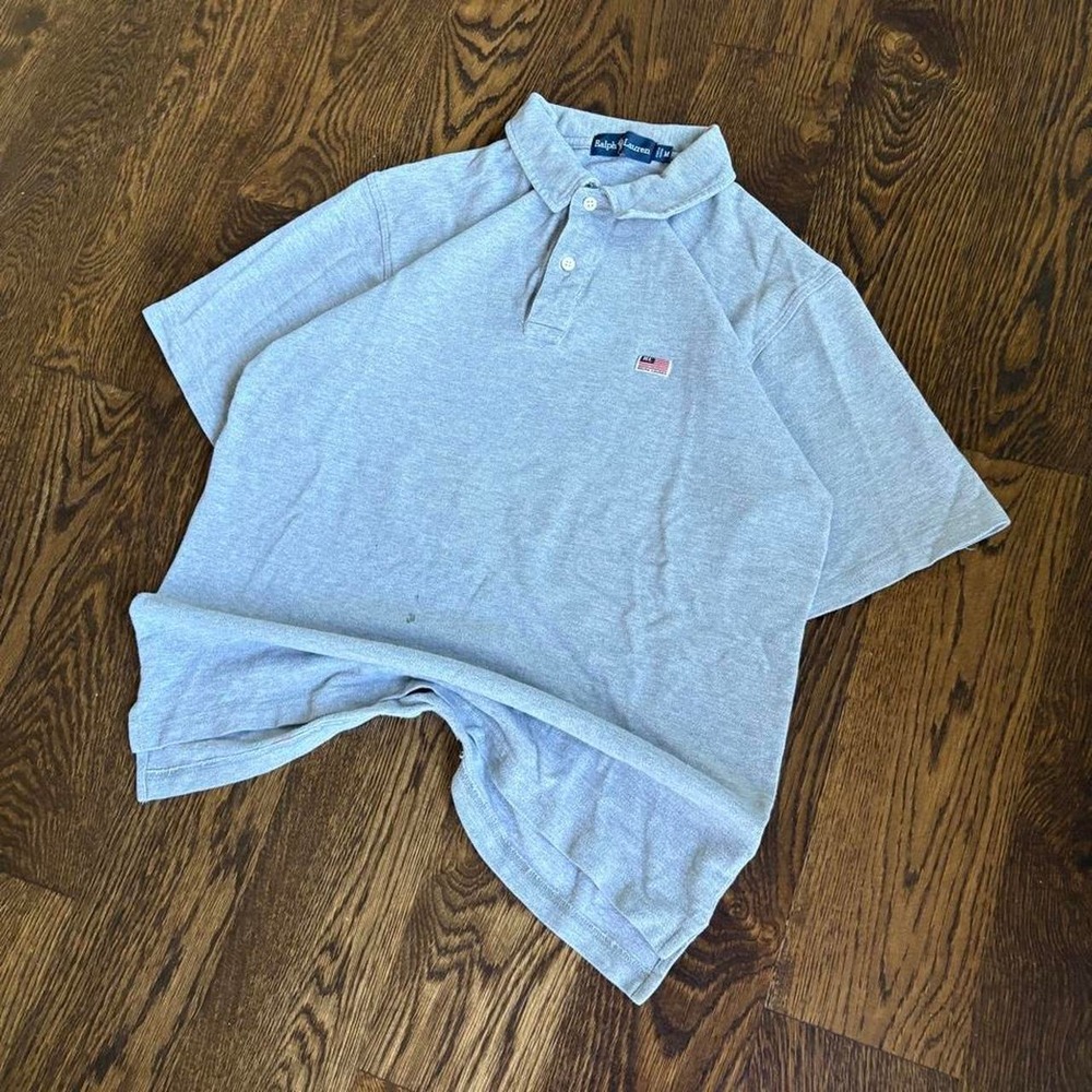 Vintage 90s Ralph Lauren Grey Heavyweight Preppy USA Flag Patch Polo Shirt  M